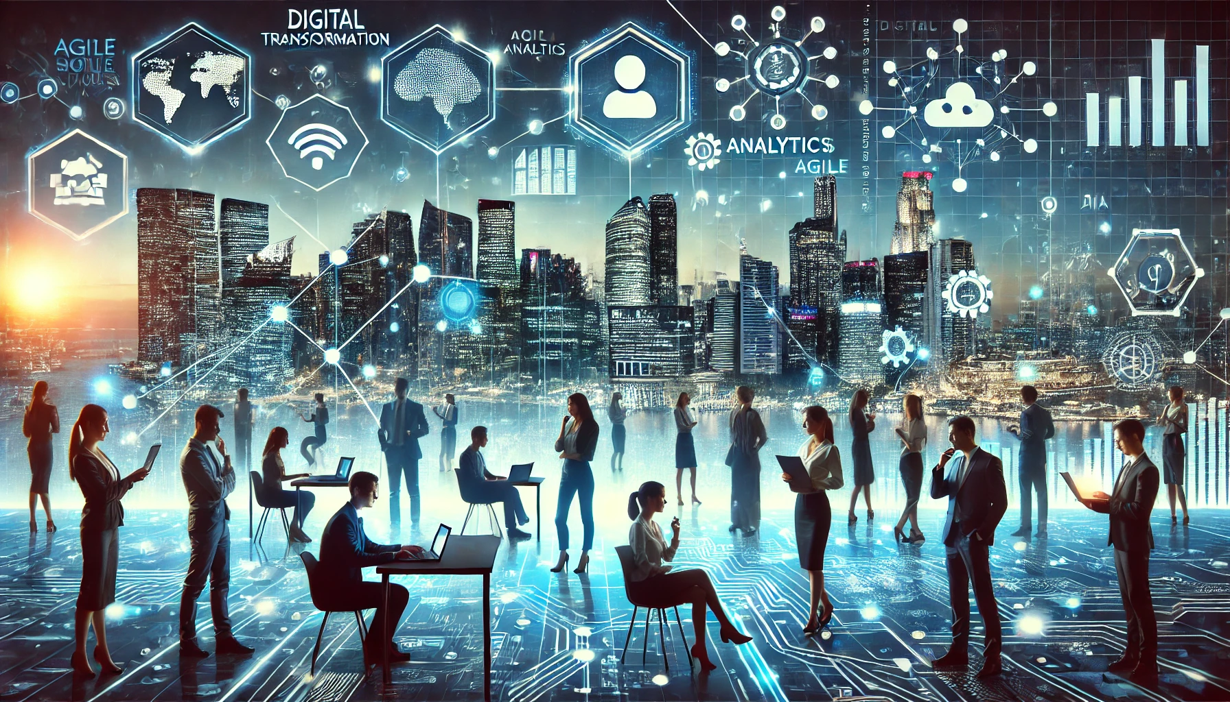 A professional and modern banner illustrating the impact of digital transformation on business operations and decision-making.