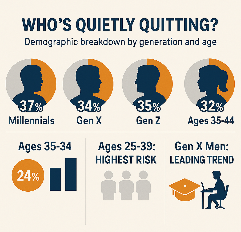 Demographic breakdown of quiet quitting by age, industry, and work arrangement