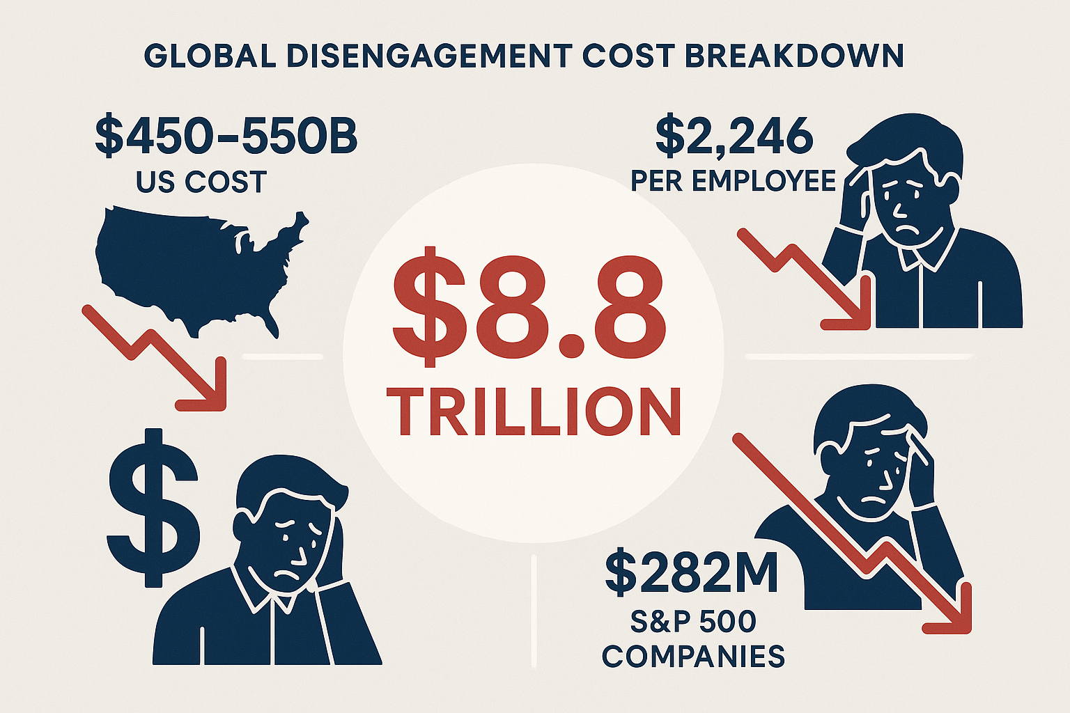 Chart showing the $8.8 trillion global disengagement cost breakdown including $450-550B US cost, $2,246 per employee, $282M for S&P 500 companies