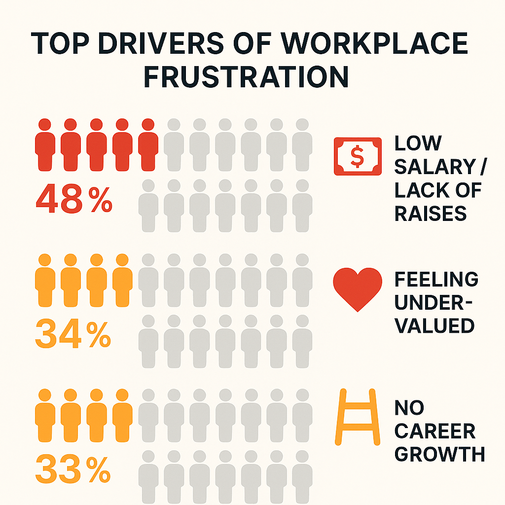 Pie chart showing top drivers of workplace frustration: 48% low salary/lack of raises, 34% feeling undervalued, 33% no career growth