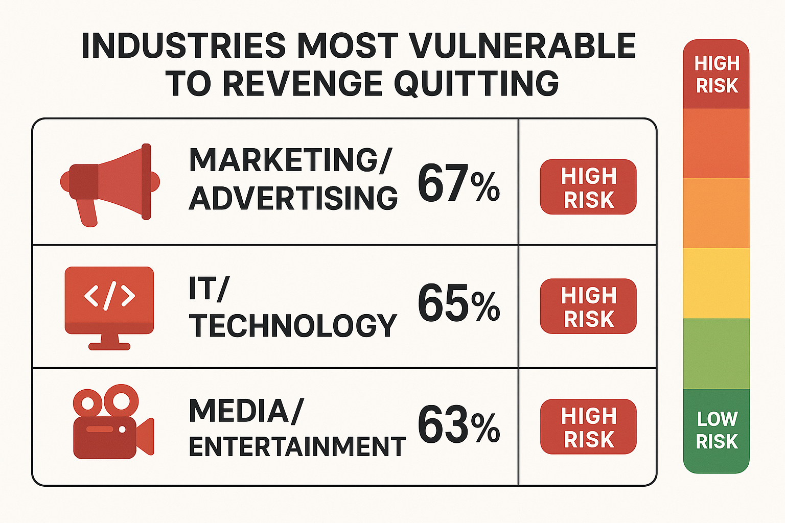 Infographic showing industries most vulnerable to revenge quitting: Marketing/Advertising 67%, IT/Technology 65%, Media/Entertainment 63%, all marked as high risk